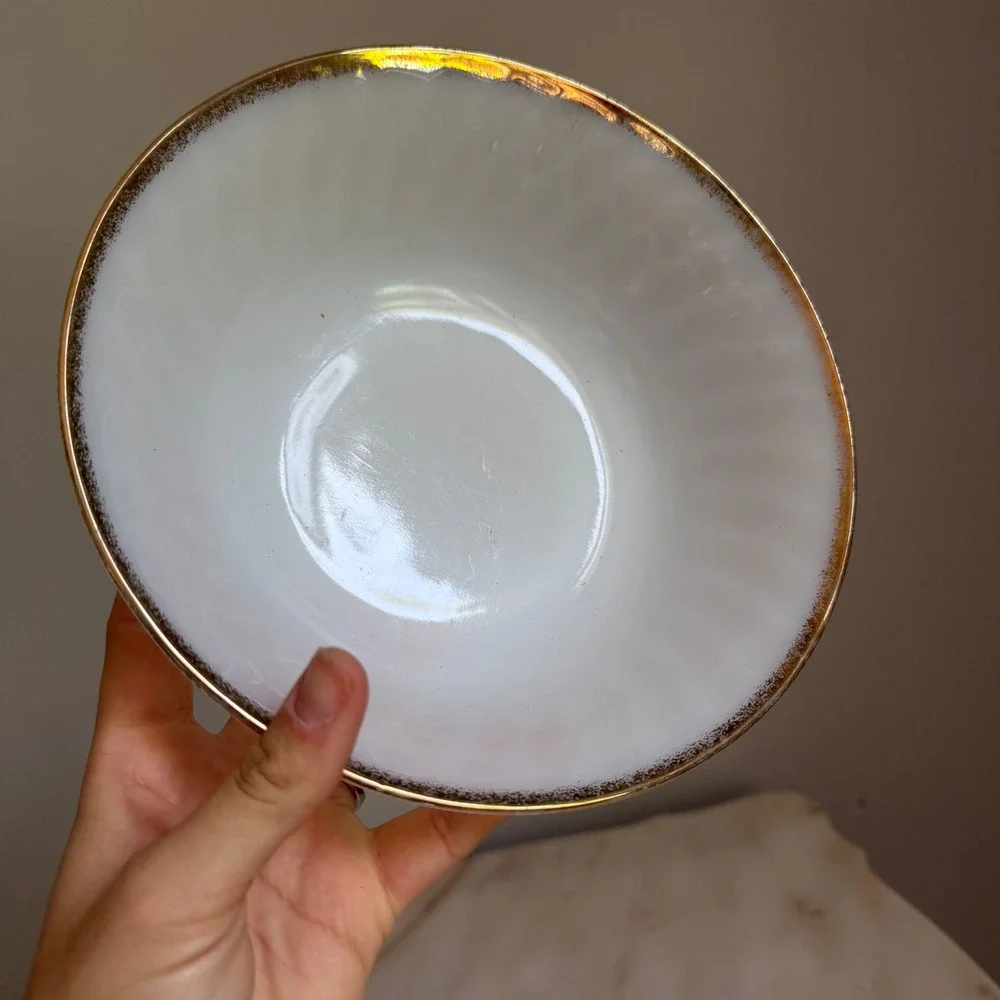 Vintage Fire-King Milk Glass Swirl Bowl Gold Trim 22k Rim White 8.25 Inch USA